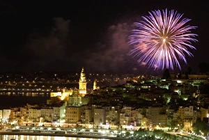 Festivity Prints: Fireworks at night, Menton, Alpes Maritimes, Provence, Cote d Azur