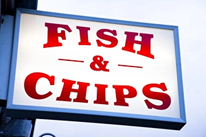 Signage Prints: Fish and chips sign in Conwy, Clwyd, Wales, United Kingdom, Europe
