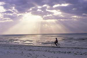 Radiant Prints: Fisherman cycling along the beach near Bweju against dramatic sky, island of Zanzibar