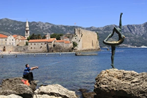 Angler Prints: Fisherman and dancer statue, Budva old town, Montenegro, Europe