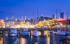 Slow Shutter Prints: Fishermans Wharf harbor at dusk, San Francisco, California, United States of America