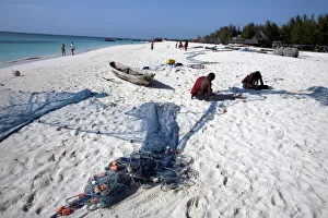 Fishing Net Prints: Fishermen on Kendwa Beach, Zanzibar, Tanzania, East Africa, Africa
