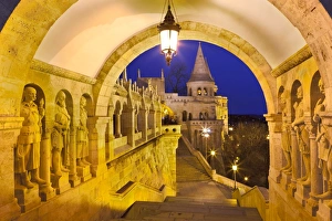 Traditionally Hungarian Prints: Fishermens Bastion (Halaszbastya) at dusk, Buda, Budapest, Hungary, Europe
