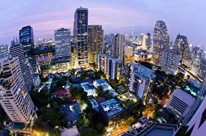 Highrise Prints: Fisheye view of Bangkok at night from Rembrandt Hotel and Towers