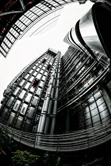 Fish Eye Lens Prints: Fisheye view of Lloyds and The Leadenhall Buildings, financial district, City of London