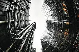 Fish Eye Lens Prints: Fisheye view of Lloyds and Willis buildings, financial district, City of London, England