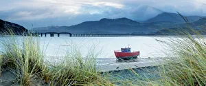 Vanishing Point Gallery: Fishing boat with Barmouth Bridge in background, coast of Cardigan Bay, Gwynedd, Wales