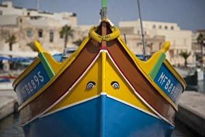 Anthropomorphic Face Prints: Fishing boat with Eyes of Osiris on bow, Marsaxlokk, Malta, Mediterranean, Europe