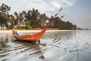 Orange Colour Prints: Fishing boat on Maungmagan Beach, Dawei, Tanintharyi Region, Myanmar (Burma), Asia