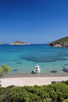 One Object Prints: Fishing boat moored on the beach, Patmos Island, Dodecandese, Greek Islands, Greece