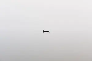 Fisherman Prints: A fishing boat on a perfectly calm Indawgyi Lake in northern Myanmar on a misty afternoon