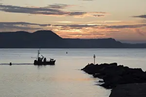 Fishing Boat Prints: Fishing boat sailing past The Cobb at sunrise with Golden Cap and Jurassic Coast
