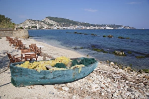 Bad Condition Prints: Fishing boat and town, Zakynthos Town, Zakynthos, Ionian Islands, Greek Islands