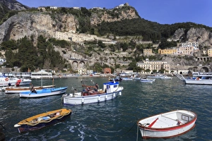Fishing Industry Prints: Fishing boats in Amalfi harbour, cliffs and hills, Costiera Amalfitana (Amalfi Coast)