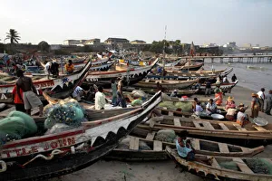 Child Prints: Fishing boats on the beach in Accra, Ghana, West Africa, Africa