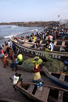 Child Prints: Fishing boats on the beach in Accra, Ghana, West Africa, Africa