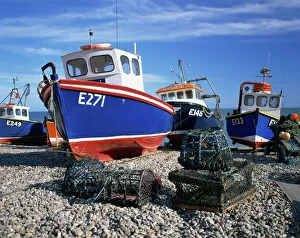 Beer Prints: Fishing boats on the beach at Beer in Devon, England, United Kingdom, Europe