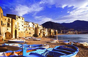 Sicily Prints: Fishing boats on the beach, Cefalu, Sicily, Italy, Mediterranean, Europe