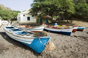 Row Boat Prints: Fishing boats on beach at Cidade Velha, Santiago, Cape Verde Islands, Africa