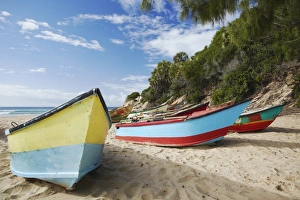 Sand Beach Prints: Fishing boats on beach, Tofo, Inhambane, Mozambique, Africa