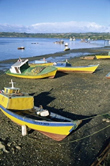 Chiloe Prints: Fishing boats on the beach, zone of Dalcahue, near Castro, Chiloe island