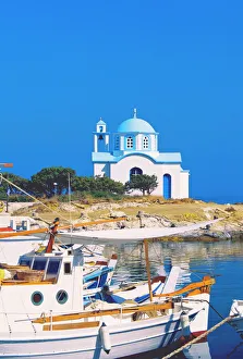 Chapel Prints: Fishing boats with a chapel in background, Chios Island, Greek Islands, Greece, Europe