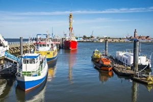 Lower Saxony Prints: Fishing boats in the harbour of Cuxhaven, Lower Saxony, Germany, Europe