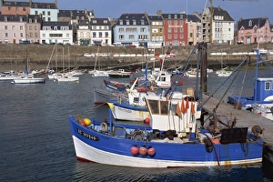 Douarnenez Prints: Fishing boats in harbour and houses on waterfront beyond, Rosmeur, Douarnenez