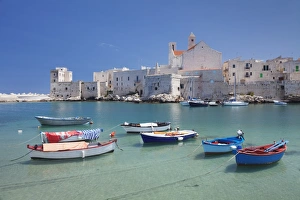 Fishing boats at the harbour, old town with cathedral, Giovinazzo, Bari district