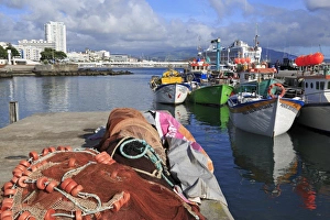 Fishing Nets Prints: Fishing boats in harbour, Ponta Delgada Port