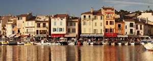 Cassis Prints: Fishing boats at the harbour, restautants and street cafes on the promenade, Cassis
