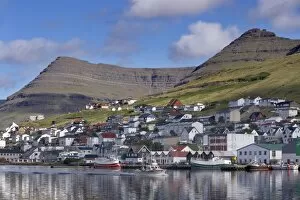 Fishing boats in Klaksvik harbour and views of Klaksvik, the second largest town in the Faroes