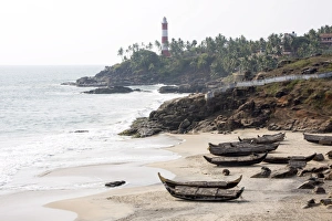 Light Houses Prints: Fishing boats, Kovalam beach, Trivandrum, Kerala, India, Asia