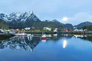 Nordland Gallery: Fishing boats moored in the cold sea at dusk, Ballstad, Vestvagoy, Nordland, Lofoten Islands