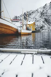 Nordland County Gallery: Fishing boats moored in the harbor in the cold Arctic sea, Nusfjord, Nordland county