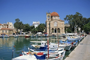 Aegina Prints: Fishing boats moored in harbour and domed church