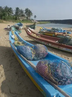 Nets Prints: Fishing boats and nets on the beach at the French union territory of Pondicherry