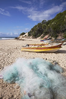 Fishing Net Prints: Fishing boats and nets on beach, Tofo, Inhambane, Mozambique, Africa