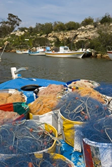 Fishing Net Prints: Fishing boats and nets, Potamos Tou Liopetri, Cyprus, Mediterranean, Europe
