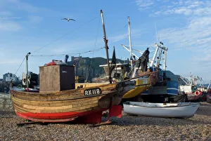 Hastings Prints: Fishing boats on pebble beach at Hastings, Hastings, Sussex, England, United Kingdom