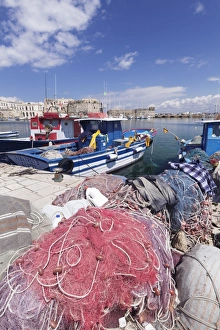 Fishing Net Prints: Fishing boats at the port, old town with castle