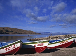 Copacabana Prints: Three fishing boats pulled onto shore of Lake Titicaca, Copacabana, Bolivia