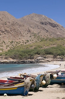 Ropes Prints: Fishing boats on sandy beach of Tarrafal, Santiago, Cape Verde Islands, Atlantic, Africa