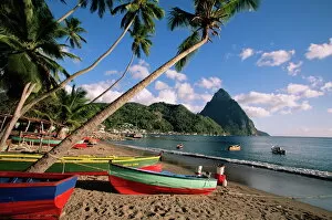 Back Ground Collection: Fishing boats at Soufriere with the Pitons in the background