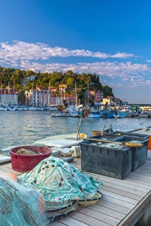 Fishing Net Prints: Fishing nets, Old Town Harbour, Piran, Primorska, Slovenian Istria, Slovenia, Europe