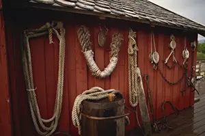 Huts Prints: Fishing tackle decorates fishing centre at Salmon Islands, in the north of the country