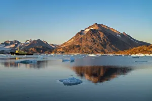 Vessel Prints: Fishing trawler in the mountainous fjord, Kulusuk, Greenland, Denmark, Polar Regions