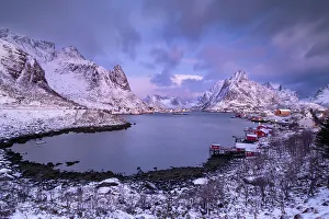 Reine Prints: The fishing village of Reine at dawn in winter