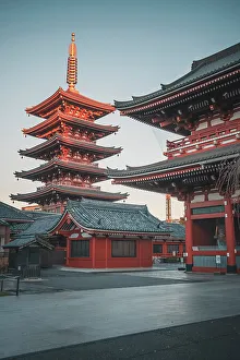 Japanese Culture Prints: Five-Storied Pagoda at sunrise in the Senso-ji temple, Tokyo, Honshu, Japan, Asia