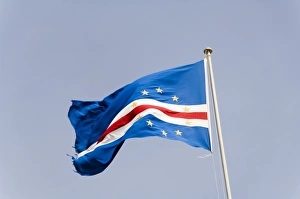 Fluttering Prints: Flag in the old city of Praia on the Plateau, Praia, Santiago, Cape Verde Islands, Africa